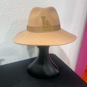 Tan Wide Brim Hat with Gold LA Logo